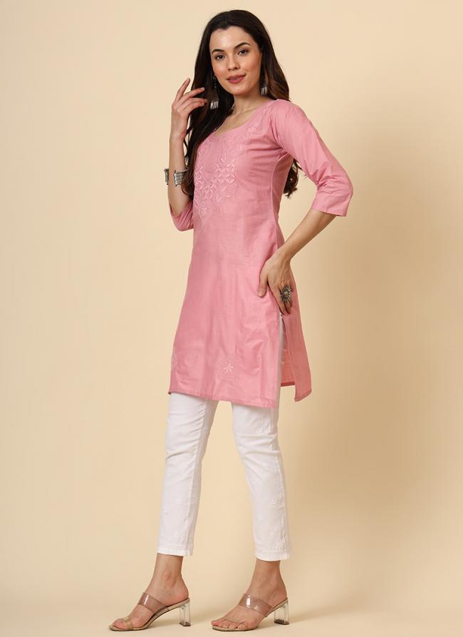 Cotton Pink Daily Wear Embroidery Work Readymade Kurti